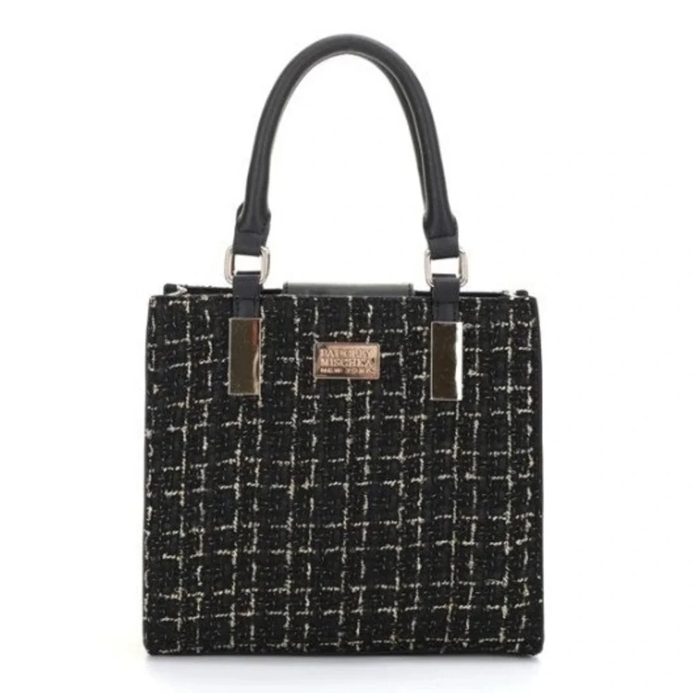NWT Badgley Mischka New York The Tara Tweed Satchel Women Black Gold Handbag - Picture 1 of 9